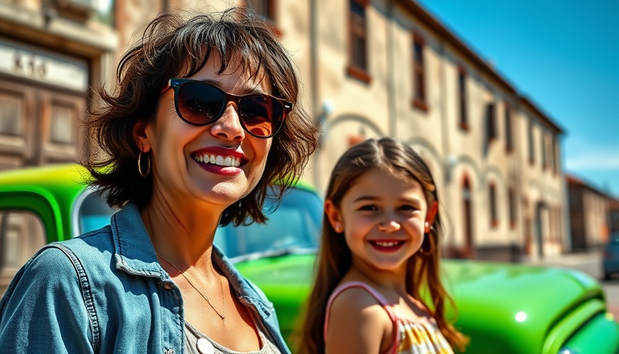 Cuban girl and woman smiling outdoors in sunny urban area.