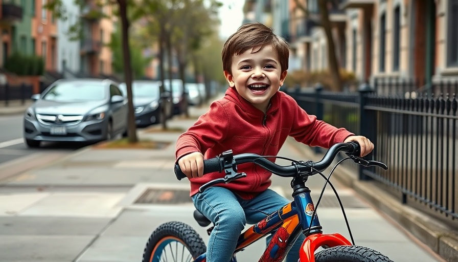 Child biking on sidewalk, smiling, urban street.