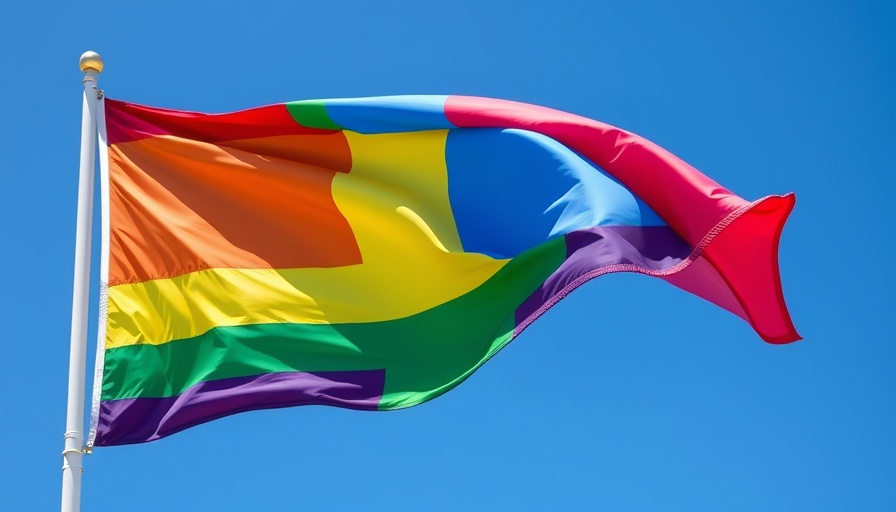 Pride flag waving against clear blue sky.