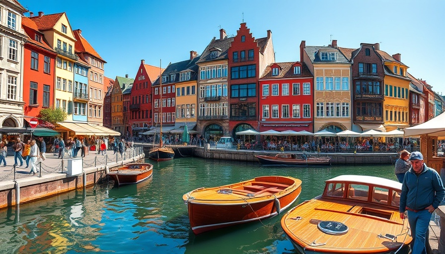 Vibrant European canal scene with colorful buildings and boats.