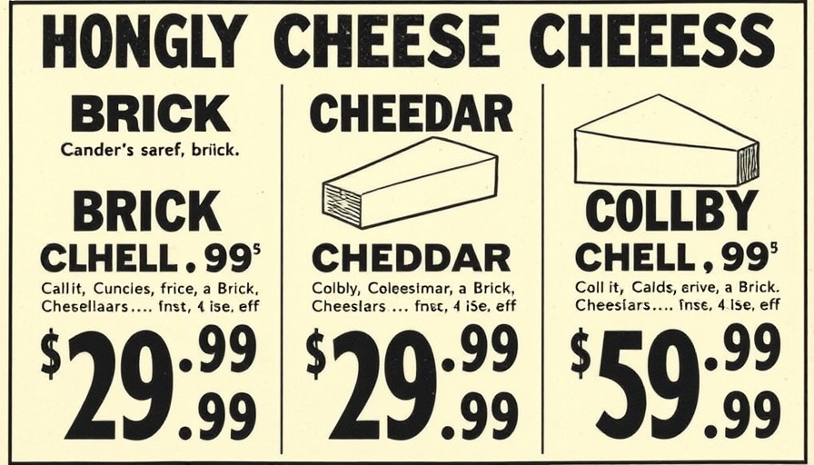1950s cheese advertisement showcasing prices for Meadowlands Cheese Festival 1955.