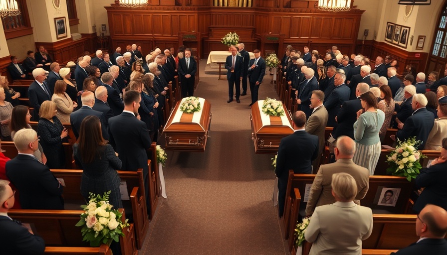 Melissa Hortman funeral ceremony with two caskets and attendees.