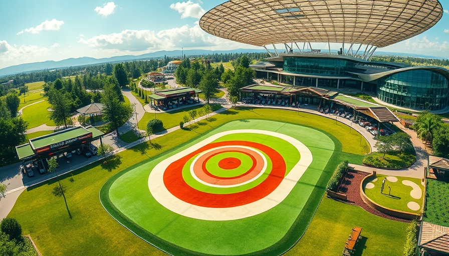 Aerial view of modern golf complex in Burnsville, featuring target greens.
