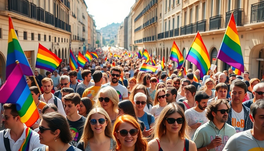 Transforming Cities for Pride: Diverse crowd marching with rainbow flags.