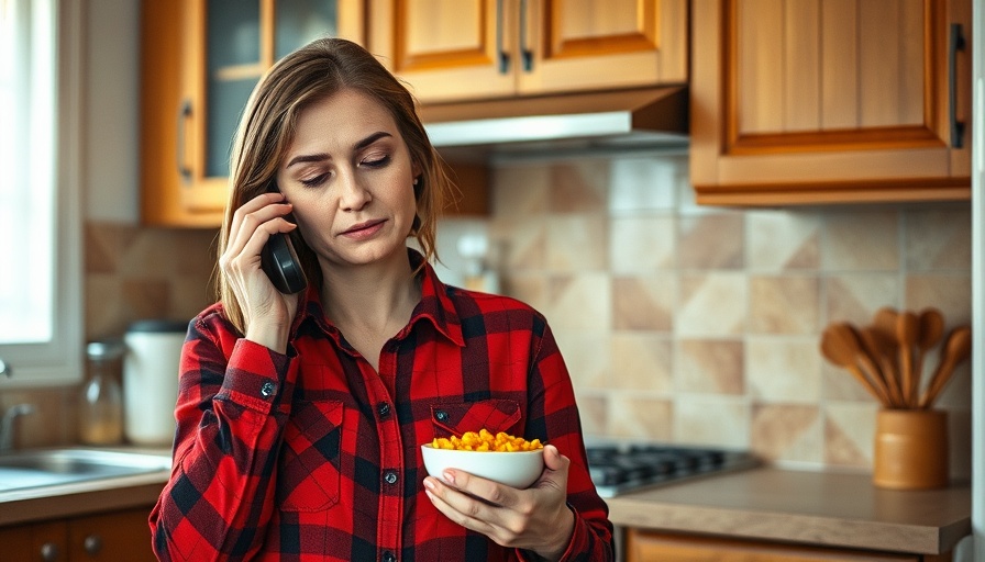Ukrainian woman thoughtfully talks on phone in kitchen