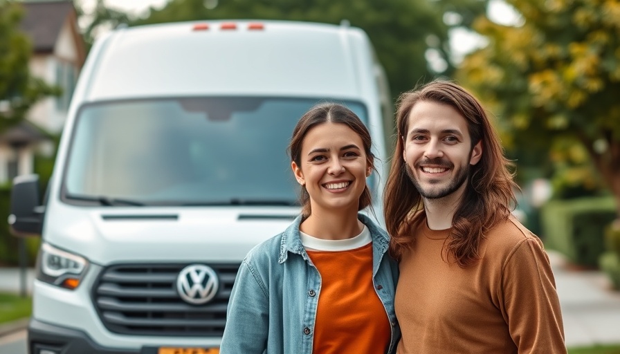 Happy couple standing by a white van on a sunny day