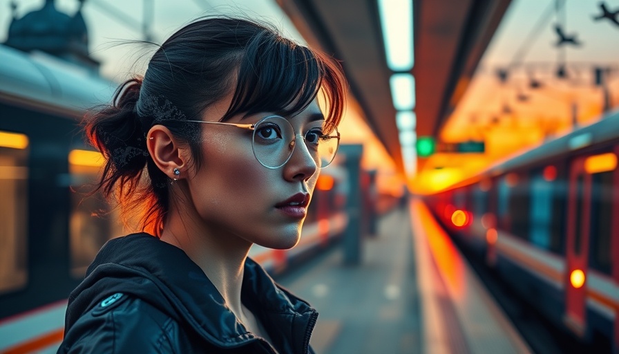 Gen Alpha woman explores future travel tech at sunset.