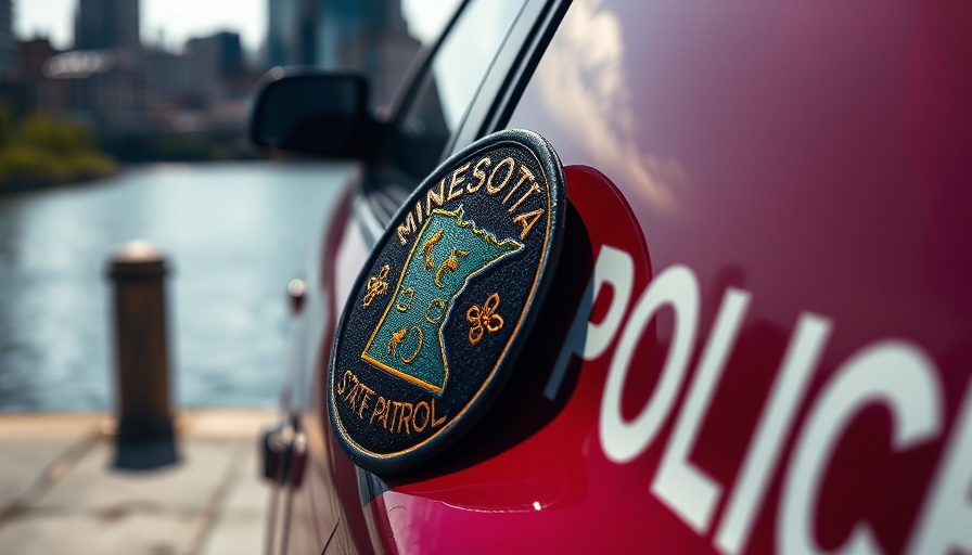 Minnesota State Patrol badge with patrol car by river