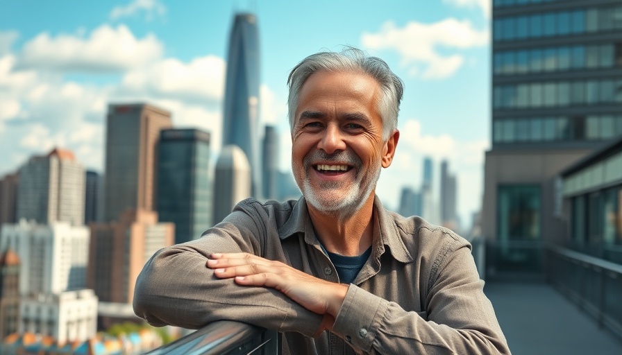 Cheerful person smiling with urban cityscape in the background.