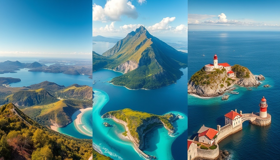 Collage of perfect tourist destinations with mountains, beaches, and lighthouses.