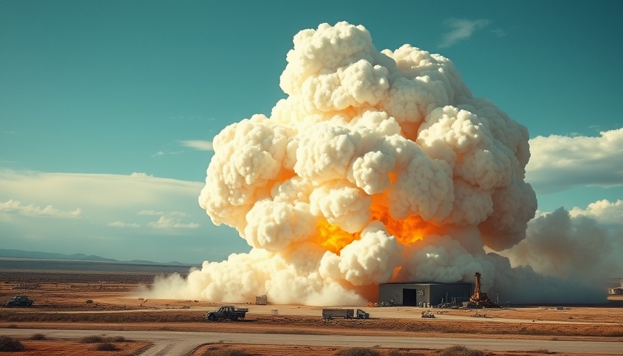 Billowing smoke from a warehouse explosion in open landscape.