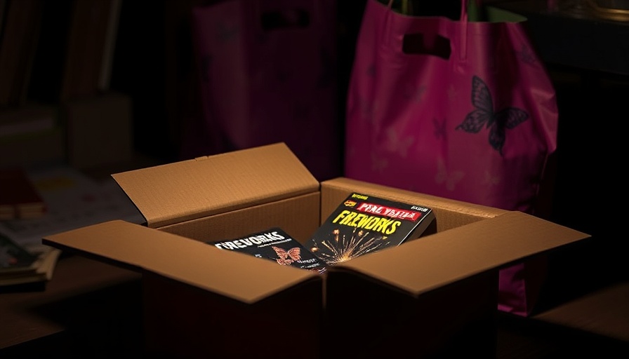 Stacked fireworks in a dimly lit cardboard box with a pink bag.