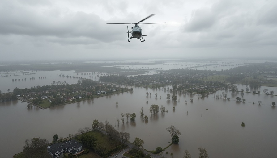 Texas flooding impact with helicopter over flooded area.
