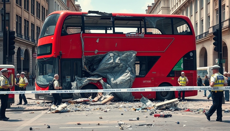 Aftermath of the 7/7 London bombings with damaged double-decker bus.