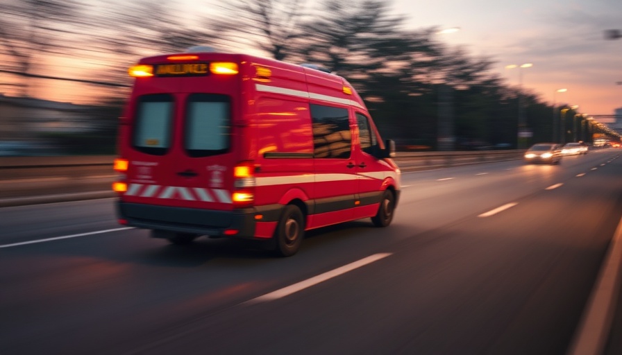 Blurred ambulance lights signify urgency, highlighting motorcycle safety and accidents.
