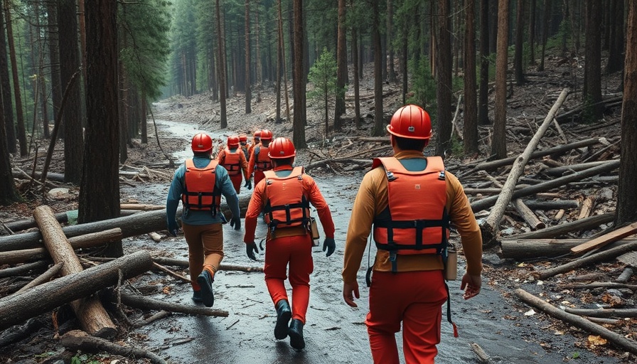 Texas floods rescue team navigates debris-filled forest.