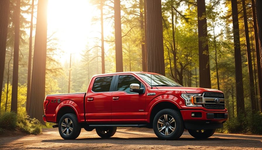 Red pickup truck ideal for camping adventures in a forest.