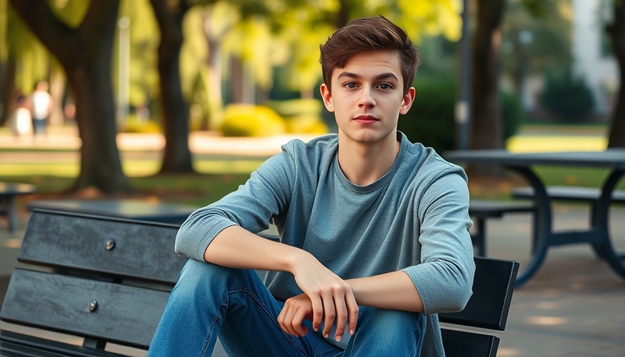 Teenage boy sitting outdoors with a neutral expression.