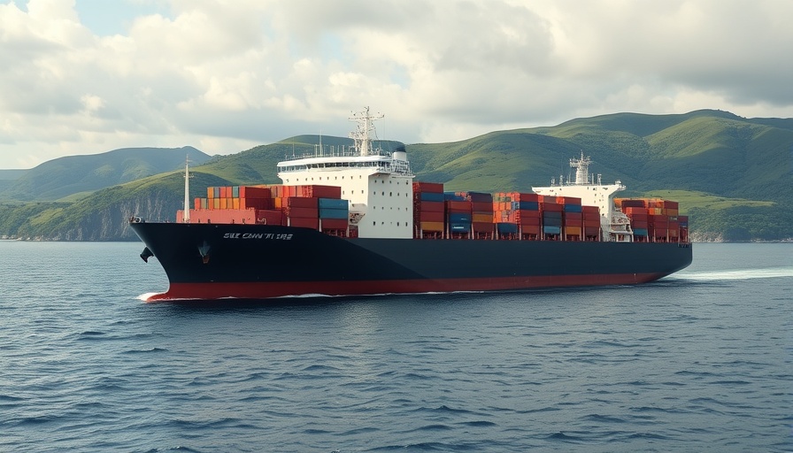 Cargo ship on sea with green hills; Red Sea context.