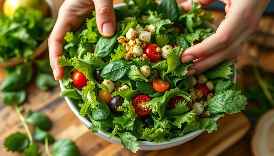 Hands preparing a fresh salad for cancer control.