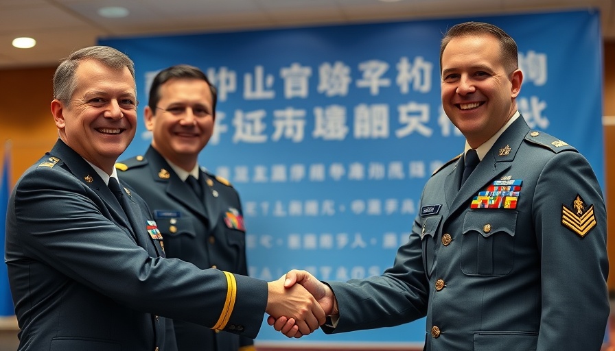 Three military officers at Tri-CHOD meeting shaking hands, representing joint military drill South Korea US Japan.