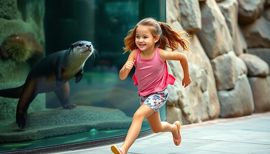 Young girl running at Lake Superior Zoo with otter in background.