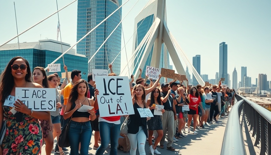 Protest against immigration raids in Southern California on modern bridge.