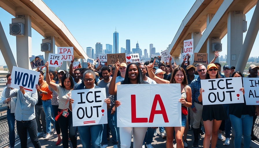 Protest against ICE raids in Southern California on urban bridge.