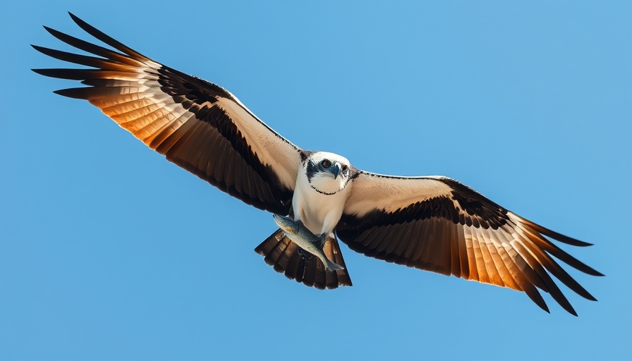 Osprey flying with fish in talons against blue sky, highlighting overfishing impact.