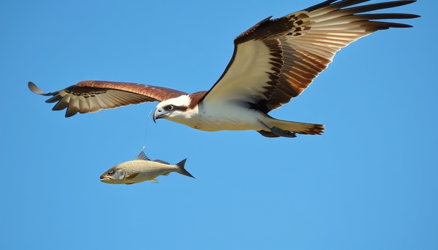 Osprey in flight with fish captures essence of overfishing impact.
