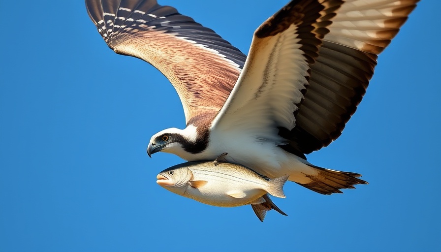 Osprey carrying fish mid-flight in clear sky.