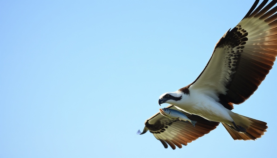 Osprey in flight with fish, illustrating overfishing impact.
