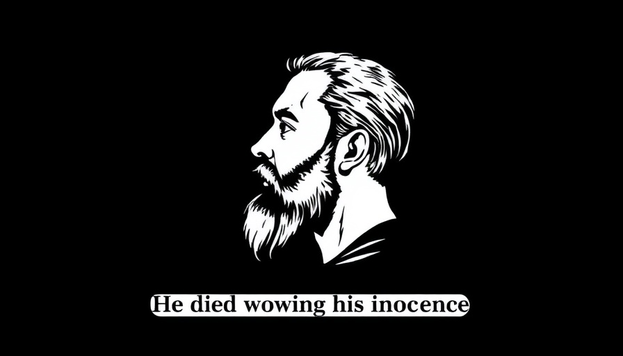 Illustration depicting a solemn man with a beard and 'He died vowing his innocence' text.