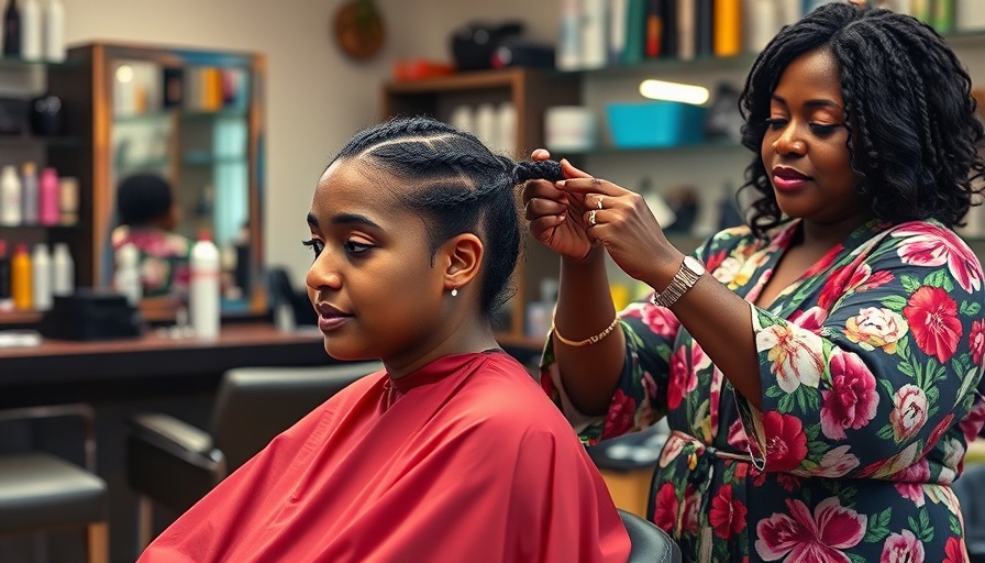 Hair salon scene near Brooklyn Park Blue Line extension, stylist braiding hair.
