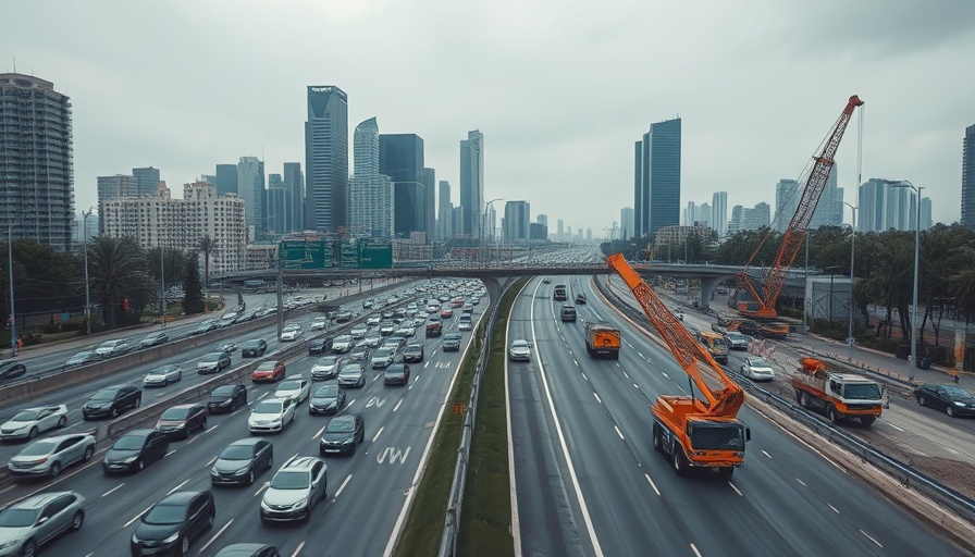 Minnesota highway with road construction and traffic under overcast sky.