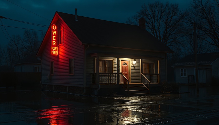 Texas house in floodwaters at night with warning sign.