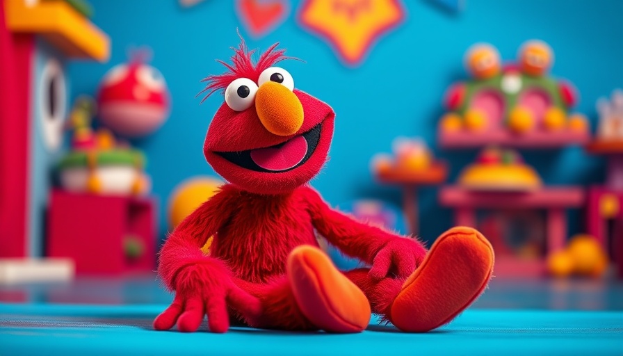Elmo character cheerfully sitting against a bright blue background.