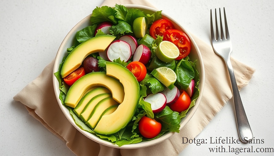 Colorful salad bowl with fresh vegetables, avocado slices.
