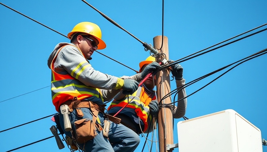 Utility workers repairing power lines under a clear sky.