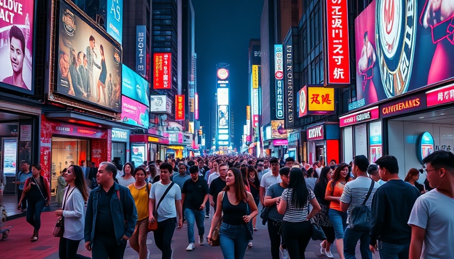 Vibrant downtown Japan cityscape at night, highlighting tourism growth 2025.