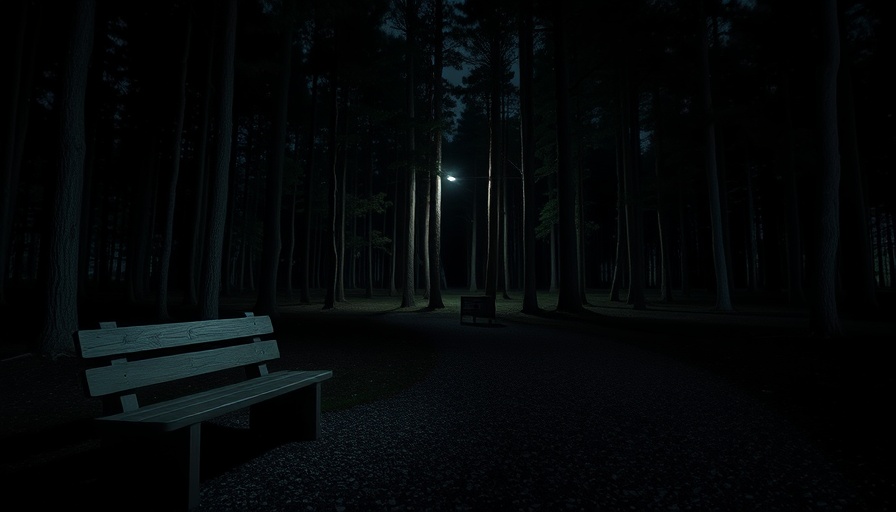 Dimly lit forest area at night with bench and trees.