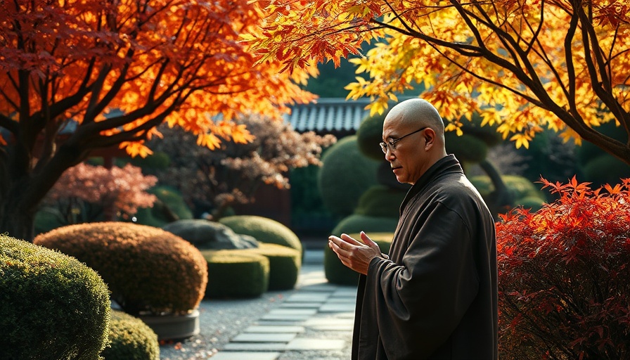 Monk sweeping autumn leaves in Japanese garden, Japan Luxury Travel Market Growth.