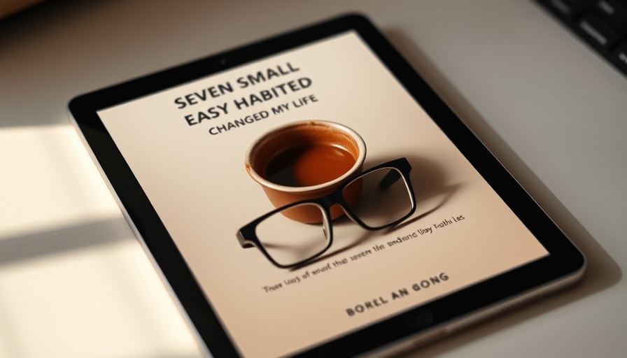 Ebook cover on tablet, modern design with coffee cup and glasses.