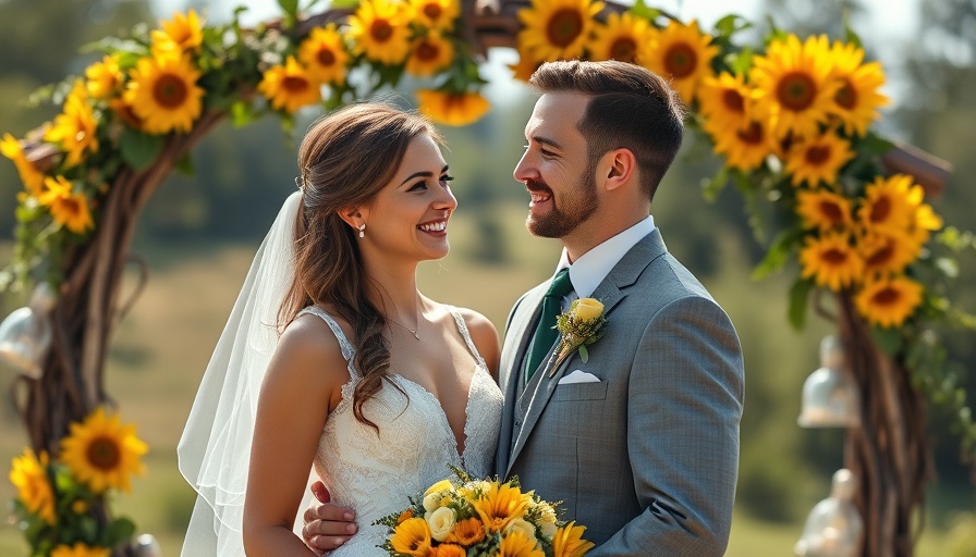 Happy couple in wedding attire smiling at rustic outdoor setting