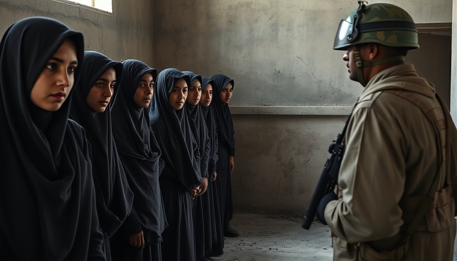 Taliban crackdown on Afghan women, women in burqas lined up, soldier watching.