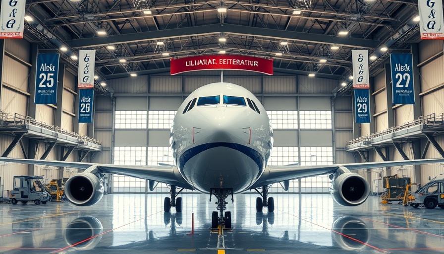 Alaska Airlines plane in hangar with milestone banner.
