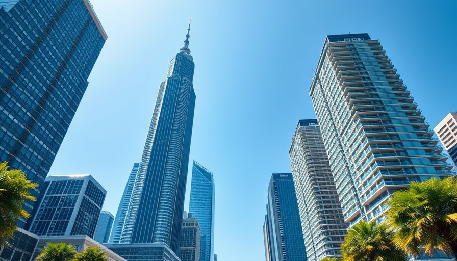 Modern skyscrapers under clear sky, urban setting.