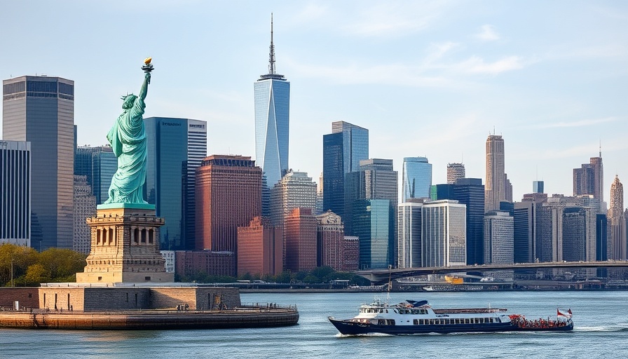 Statue of Liberty and New York skyline on a clear day.