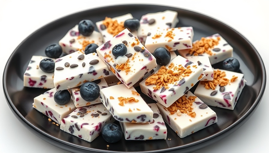 High protein frozen yogurt bark with various toppings on a plate.
