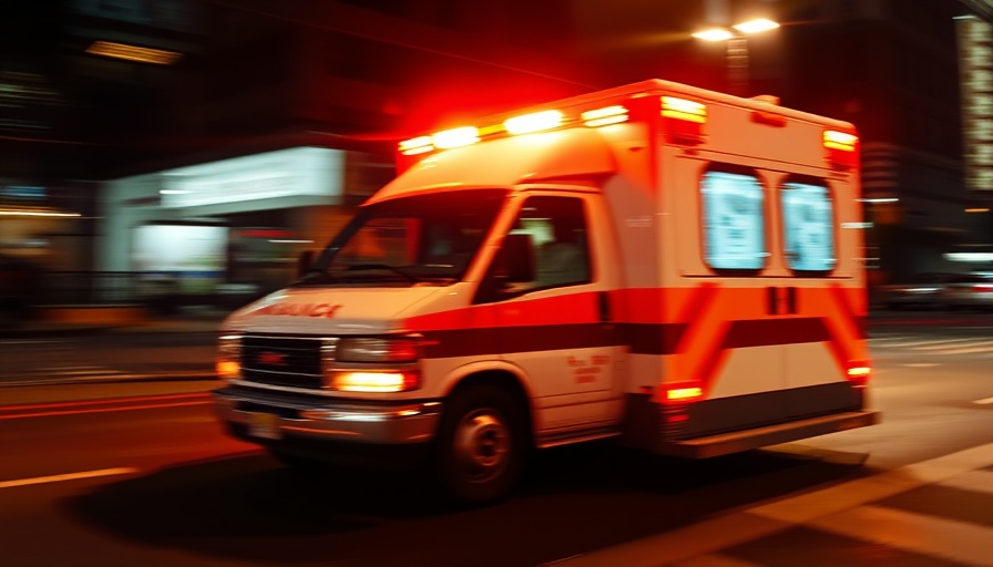 Ambulance with flashing lights at night, Oshkosh Air Show tragedy.
